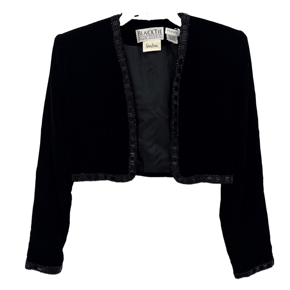 Black Velvet Beaded Trim Oleg Cassini Newman Marcos Bolero Jacket Formal Petite